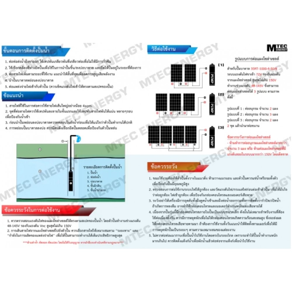 ปั๊มน้ำบาดาลโซล่าเซลล์บัสเลส1000W 48-145VDC ยี่ห้อ MTEC รุ่น 3SDPX-1000-10-80/9